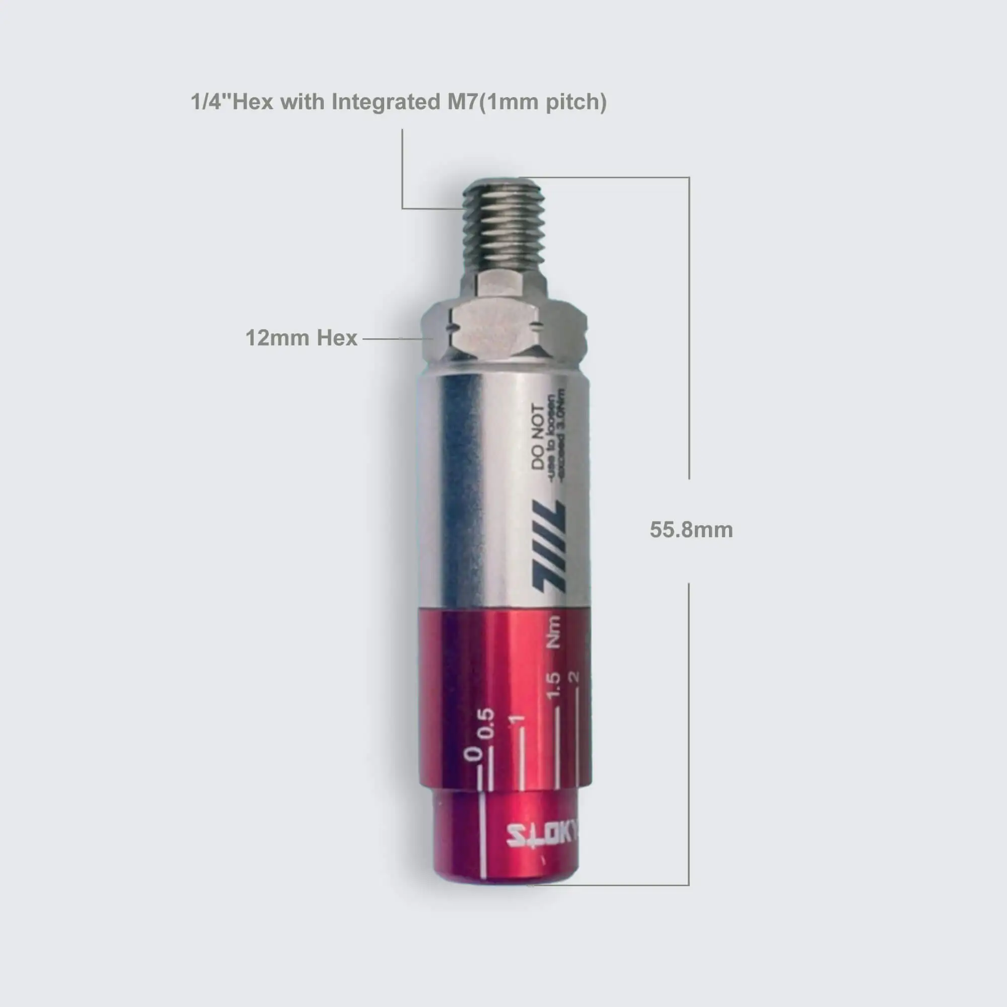 Dimensioned view of the 711L Torque Driver in red and silver with hash marks (0.5–3 Nm) for easy twist‑to‑set operation