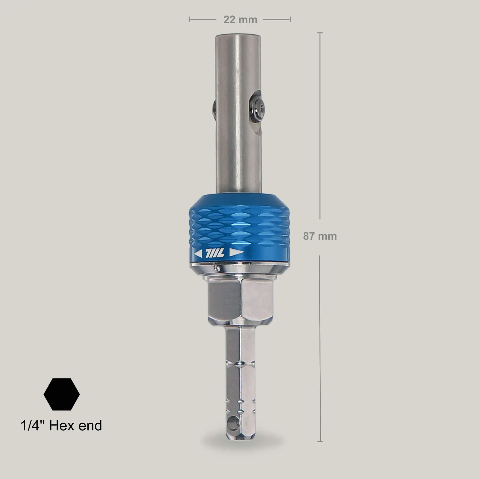 Dimensioned view of the 711L inline ratchet driver HEX in blue and silver, with 87 mm overall length and 22 mm hex end markings